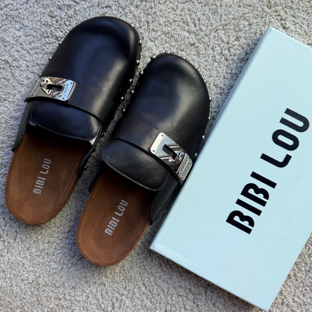 Bibi Lou Anthropologie Leather Studded Slip-On Loafer Mules NIB - Picture 7 of 14